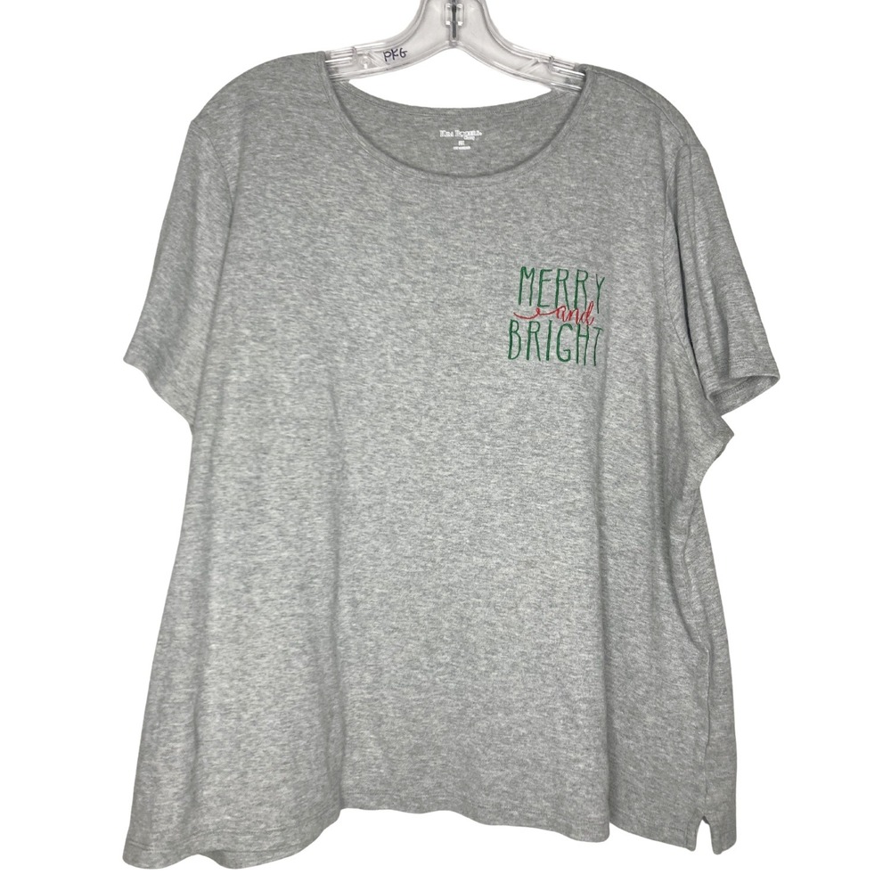 Kim Rogers‎ Curve 2X Gray Relaxed Tee Embroidered Merry and Bright Christmas